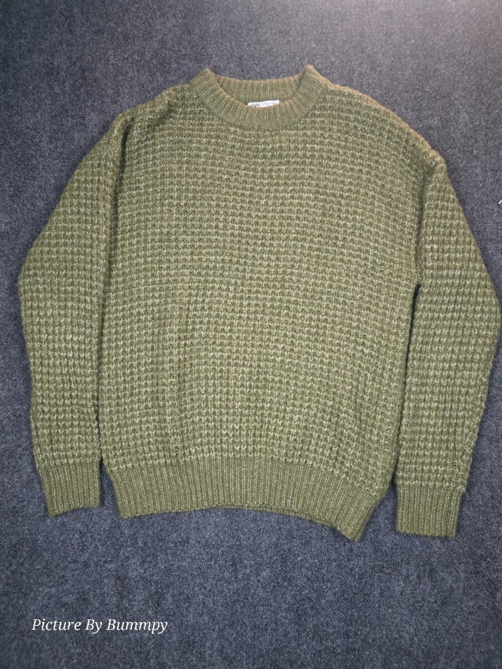 ZARA Men’s Textured Knit Crewneck Sweater - Olive Green - Size XL